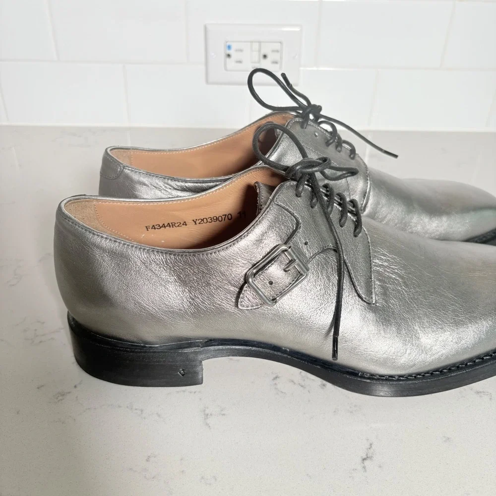 John Varvatos Mens Metallic Silver Leather Derby Buckle Shoes Size 11